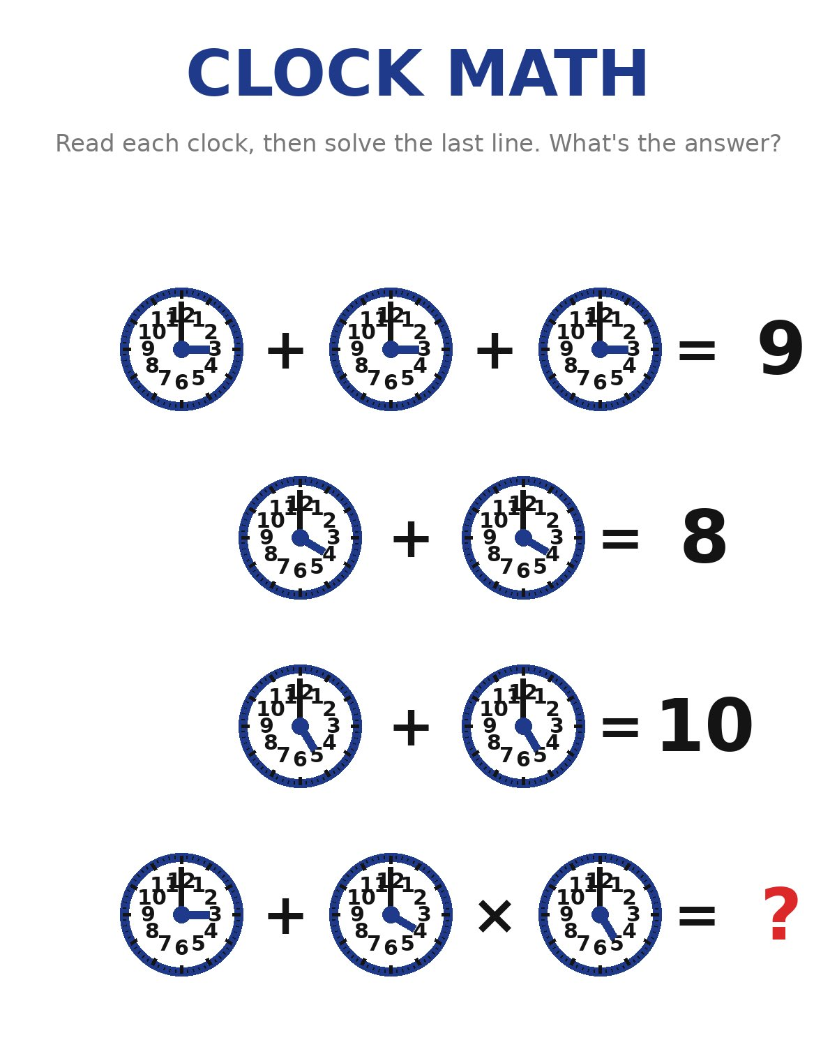 Clock math: rows of clock faces added together, and a final line with plus and times.
